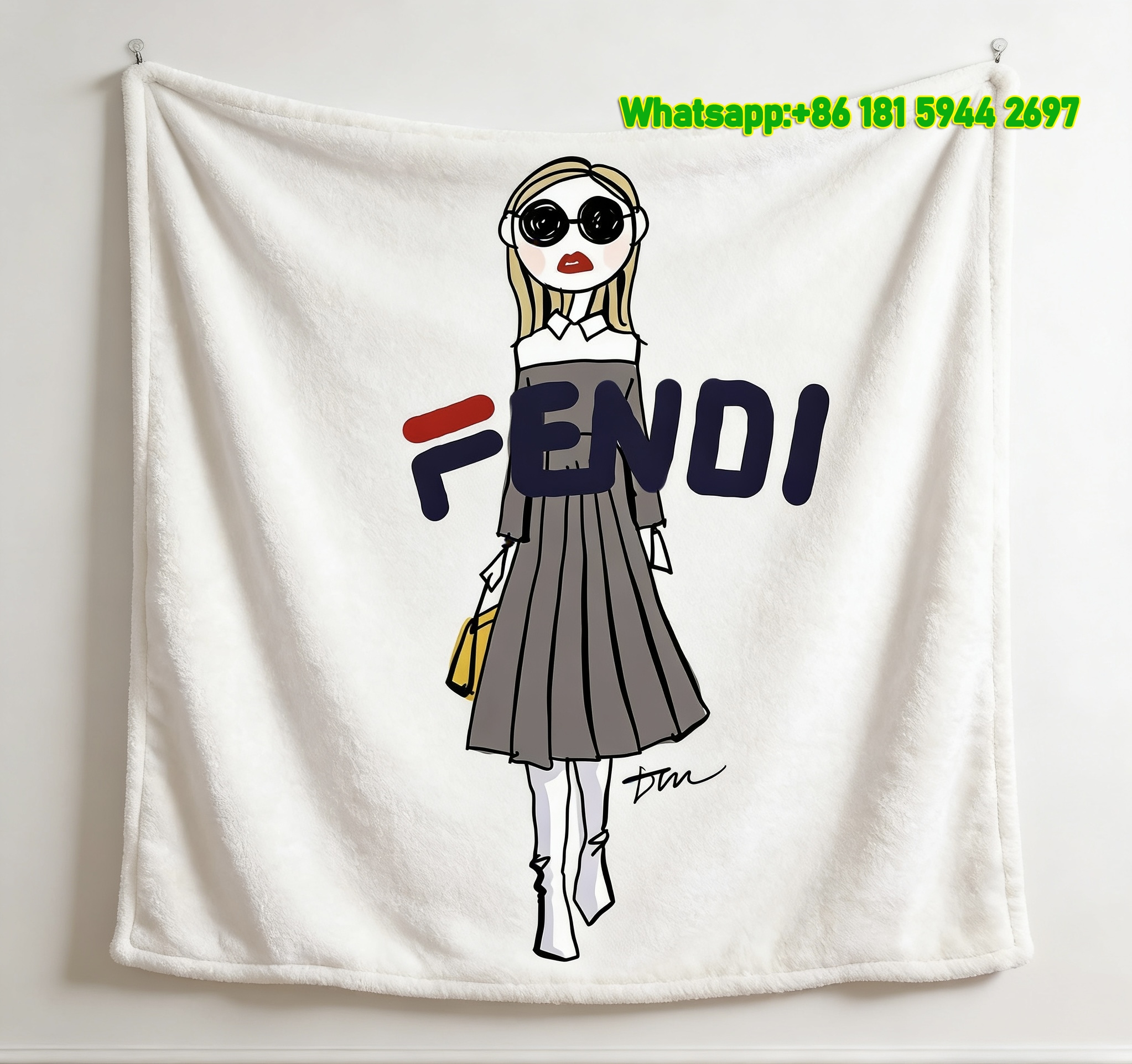 Fendi Cartoon Girl with Sunglasses Fashion Illustration Flannel Throw Blanket IMG_9601